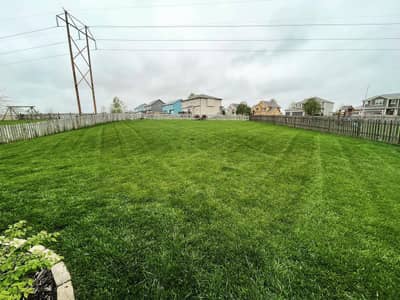 Fenced backyard with striped lawn